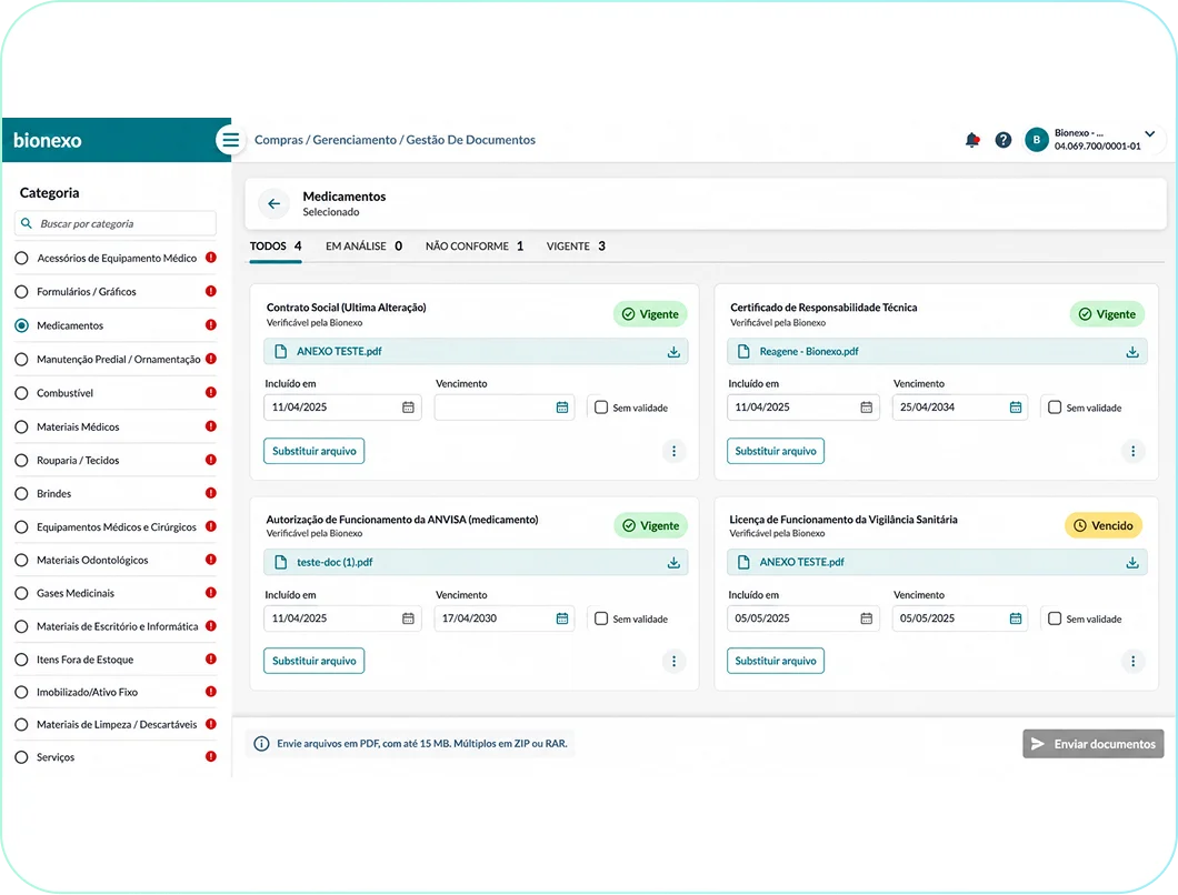 Screenshot da plataforma Marketplace Bionexo para fornecedores